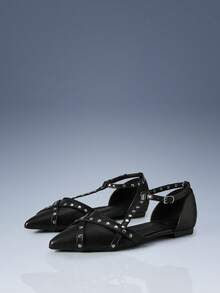 CUCCOO GRLICON Women's Studded Buckle Decor Pointed Toe Flat Shoes, 2000's Style, Y2K Fashion, Suitable For Spring, Summer And Vacation - Black - View 1