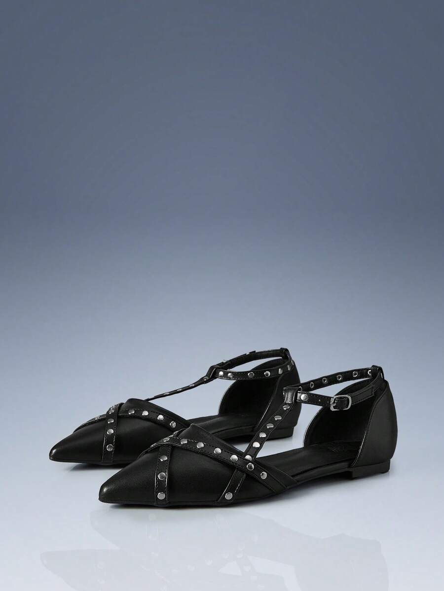 CUCCOO GRLICON Women's Studded Buckle Decor Pointed Toe Flat Shoes, 2000's Style, Y2K Fashion, Suitable For Spring, Summer And Vacation - Black - View 1