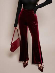 SHEIN PETITE Quần ống loe nữ cạp cao ôm dáng, thanh lịch, thời trang thường ngày, màu đỏ rượu vang, thích hợp cho mùa xuân hè, sân bay, trường học, công sở, mùa thu ấm áp, Giáng sinh, Năm mới, Lễ tình nhân. - Màu Đỏ Sâu - Xem 7