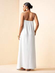Zivah 2026春夏新款波西米亚风度假纯白色亚麻面料交叉绑带露背A字长裙。适合度假、旅行、西部风情、海滩、游牧生活、约会、情人节、婚礼季、海滩、节日、日常出行、派对、购物、机场穿搭和早午餐穿搭。 - 白色 - 查看 3