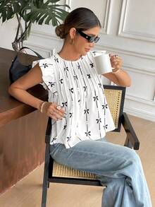 SHEIN Frenchy 女士休闲蝴蝶印花荷叶边衬衫，夏季 - 白色 - 查看 4