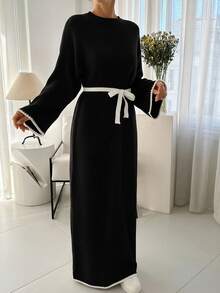 Pullover Sweater Dress Hem And Sleeve Detail+ 478 - Black - View 6