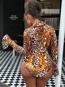 Swim Vcay Plus Size Women's Sexy Deep V-Neck Leopard Print Backless One-Piece Swimwear, Suitable For Beach Vacation - Multicolor - View 2