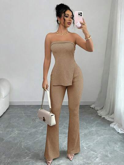 KKMALL Conjunto de top sin tirantes liso para mujeres con abertura alta y pantalones