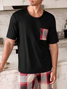 SHEIN 男士格子印花口袋短袖睡衣套装 - 黑色 - 查看 8