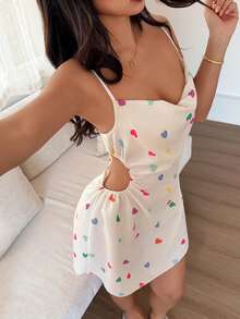 Dream Adore Women's Sleepwear With Side Cutout, Ruched Spaghetti Strap And Printed Design Summer Dress Heart Print Dress Cut Out Dress Women's Dress Mini Dress - Multicolor - View 4