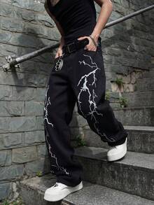 Manfinity EMRG Loose Men's Lightning Print Wide Leg Jeans - Black - View 4