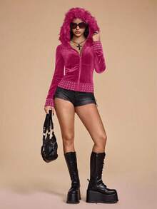 ROMWE Grunge Punk SpringValentine's DayY2K Style Velvet Zip-Up Sweatshirt With Rhinestone Decor, Fitted For Women - Pink - View 7