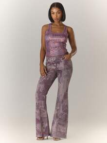 MUSERA 修身不对称低腰印花喇叭牛仔裤，酷女孩风格，外出性感，深红色冬季时尚单品 - 紫色 - 查看 3