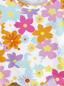 春夏服装：休闲、时尚、创意、清新、简约、色彩缤纷的花卉印花，基本款短袖T恤和骑行裤套装 - 舒适温暖的夏秋款式，适合春、夏、秋季女婴的日常运动装。 - 彩色 - 查看 6