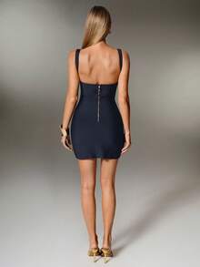 Nuvra 性感纯色针织吊带无袖迷你连衣裙，修身派对假日女装 - 藏蓝色 - 查看 3
