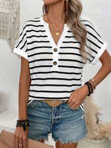 EMERY ROSE Summer Casual Striped Notched Neck Short Sleeve T-Shirt - Multicolor - View 3