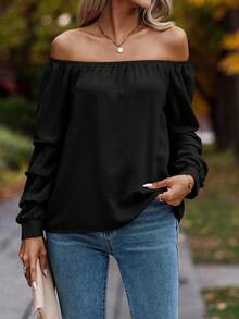 EMERY ROSE Blusa de moda de manga larga con hombros descubiertos y unicolor para mujer de talla grande - Negro - Ver 3