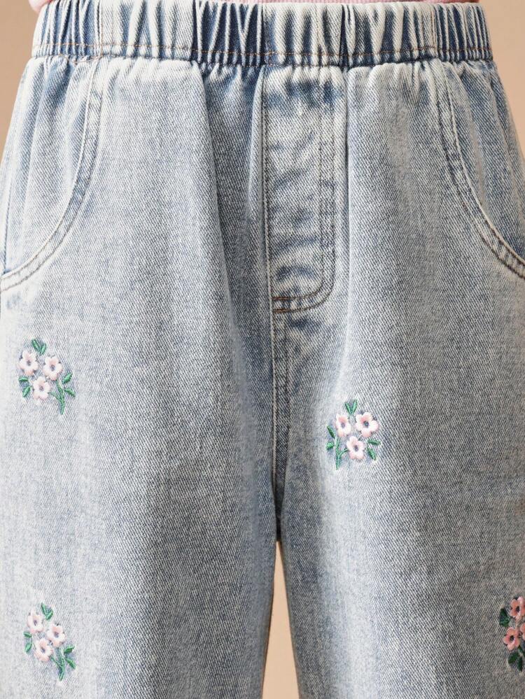Wide Leg Floral Embroidered Light Wash Jeans
