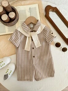 LMoss Kids 2pcs Baby Boy Woven Striped Casual Romper And Knit Shawl Set - Multicolor - View 6