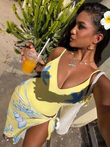 Vaytide 女士连体泳衣，饰有海星图案，网纱印花裙摆，黄色可调节肩带，适合海滩度假，春夏黄色泳衣，女士泳池套装，黄色泳装，黄色吊带泳衣，泳池派对服装 - 黃色 - 查看 10