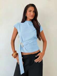Aloruh Light Blue Pleated Metal Buckle Decor Elegant Casual Office Summer Shirt - Blue - View 4