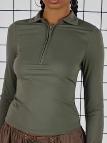 COUREZ Long Sleeve Quarter Zip Top / Y2K Spring Clothes For Women Cute Green Tops Going Out Back To School Outfits Summer Tops Summer Outfits - Army Green - View 5