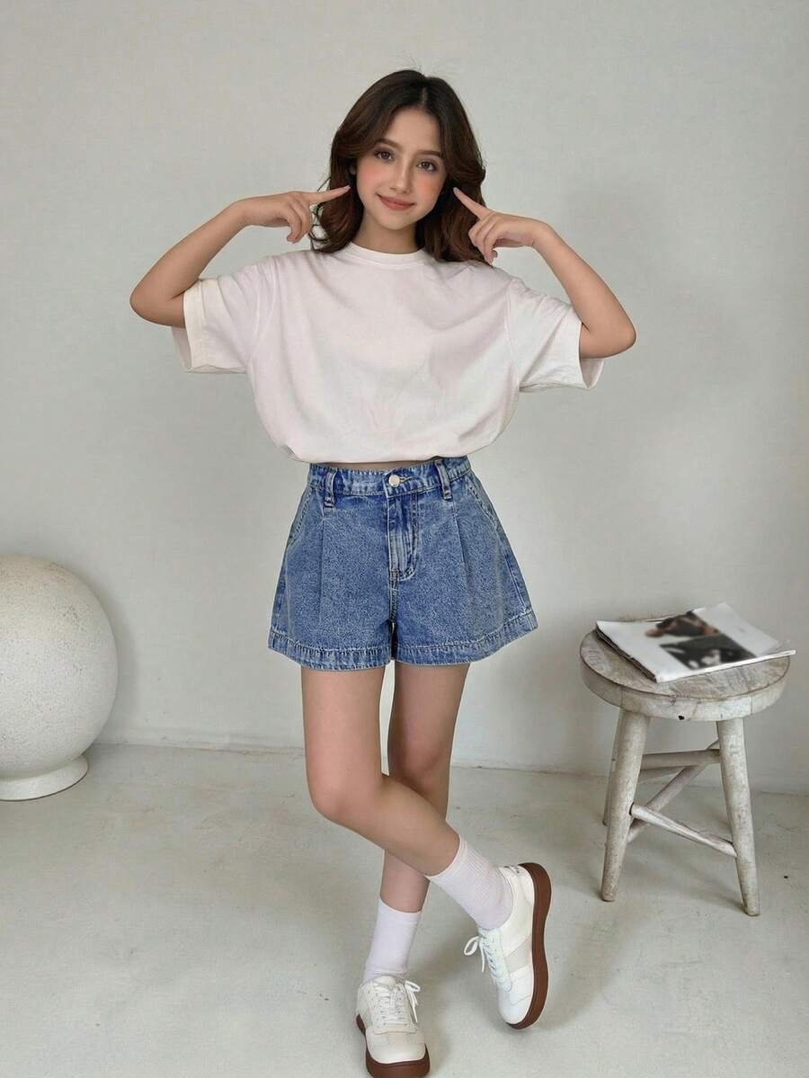 青少年女孩時尚返校街頭風混搭百搭設計 Y2k 復古酷街頭寬鬆舒適百褶設計簡約牛仔短褲 青少年女孩日常穿搭 青少年女孩春夏季電音節慶典街頭風