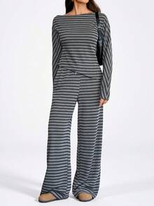 SHEIN Tall 2026 新款极简主义秋季女装条纹不对称肩部上衣和裤子两件套，露肩连体裤，条纹套装，长袖连体裤，适合外出穿搭、街头风和斯德哥尔摩风格，舒适的秋冬两季女装，条纹休闲套装，家居服 - 黑色 - 查看 5