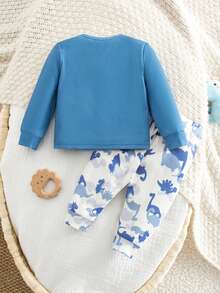 Newborn Baby Boy Casual Cute Cartoon Pattern Knit Long Sleeve Top And Elastic Waist Pants Set - Blue - View 3