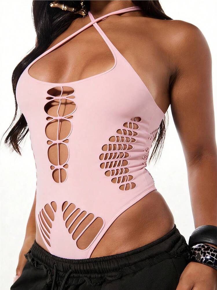 SUMWON WOMEN Halter Cutout Bodysuit With Lace Up Details