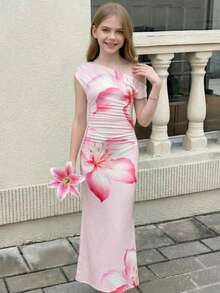 SHEIN Serisse Kids Vestido elegante de vacaciones con estampado floral tropical y bajo asimétrico para niñas preadolescentes - Rosa - Ver 6