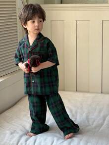Dazy Kids Young Boy Summer Casual Plaid Front Button Shirt And Pants Pajama Set