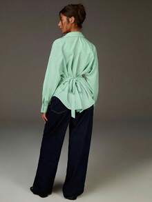 Athîral Women's Striped Drop Shoulder Long Sleeve Casual Shirt With Back Knot - Green - View 5