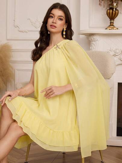 Modelyn Women's Solid Color Metal Decor Asymmetric Neckline Short Dress