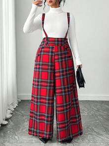 Elenzga Bộ áo liền quần dáng rộng in họa tiết kẻ caro cho nữ cỡ lớn, kiểu dáng thường ngày. - Đỏ - Xem 5