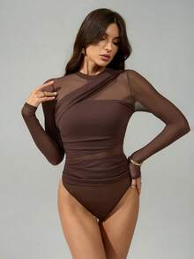 SHEIN Tall Brown Bodysuit For Women Sheer Mesh Long Sleeve Ruched Mock Neck Top, Suitable For Cocktail Party, Romantic Date, Winter Base Layer - Brown - View 6