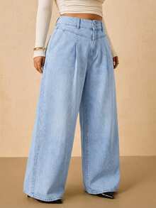SHEIN Tall CURVE Plus Size Women High Waist Pleated Pocket Wide Leg Loose Casual Jeans - Light Wash - View 3