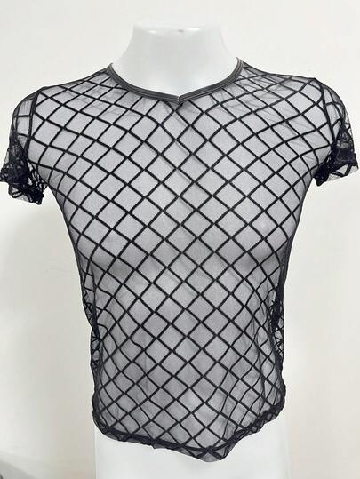 WENEZON 1pc Men's Diamond Mesh Sheer Short Sleeve Casual Plaid T-Shirt Lingerie