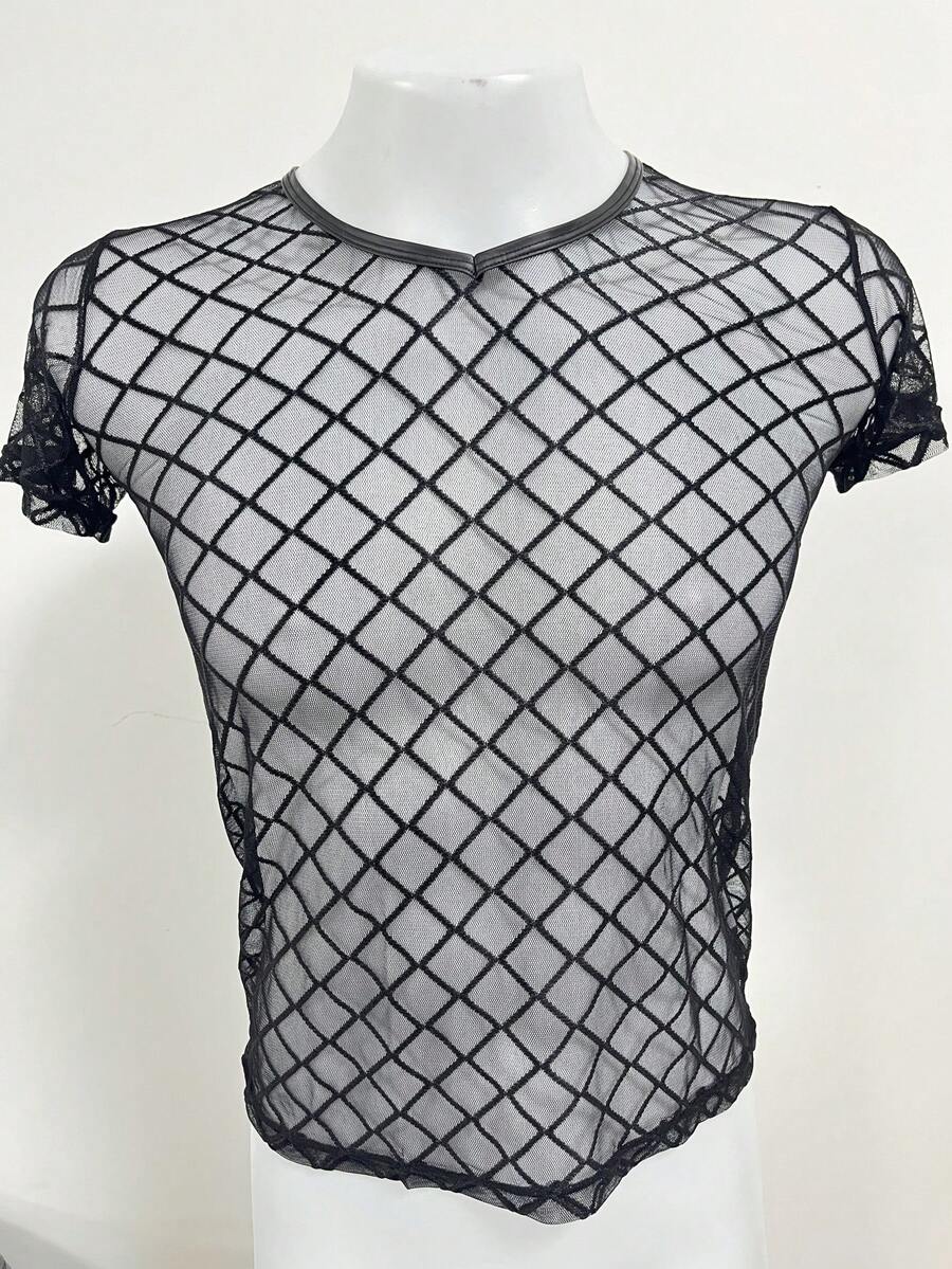 WENEZON 1pc Men's Diamond Mesh Sheer Short Sleeve Casual Plaid T-Shirt Lingerie