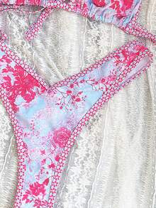 Swim Mod 2pcs/Set Women Summer Random Print Spaghetti Strap High Cut Bikini Swimsuit Set - Multicolor - View 7