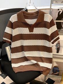 Manfinity Joysei Men's Striped Polo Collar Short Sleeve Casual Knit Top, Autumn - Multicolor - View 1