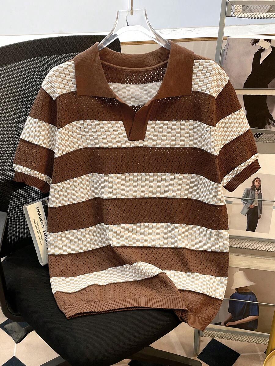 Manfinity Joysei Men's Striped Polo Collar Short Sleeve Casual Knit Top, Autumn - Multicolor - View 1