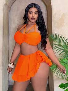 Slaydiva Plus Size Women 2 Pieces Bikini Set, Casual Beach Holiday Swimsuit - Orange - View 1