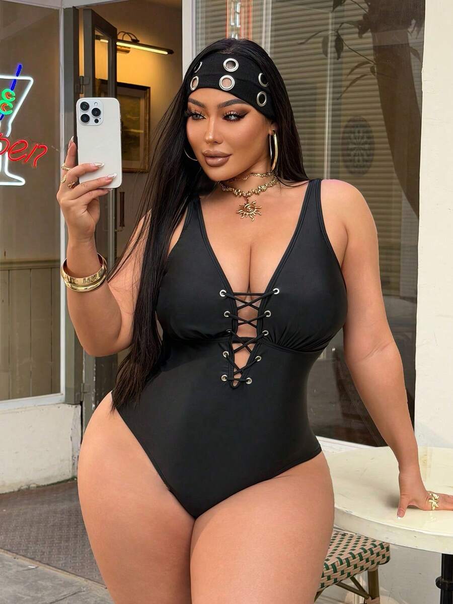 Swim SXY Plus Size Women's One-Piece Drawstring Sexy Backless Swimsuit, Suitable For Vacation And Party - Black - View 1
