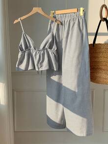 SHEIN Comfortcana 女士两件套编织条纹休闲度假套装，春夏款 - 藏蓝色 - 查看 2