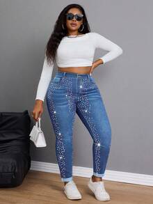 Slaydiva Plus Size Women's Fashionable Casual Colored Rhinestone Decorated Skinny Jeans - Medium Wash - View 3
