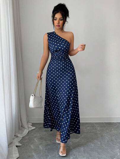 Elenzga Women's Elegant Fitted Pleated Polka Dot Print Asymmetric Asymmetrical Shoulder Maxi Dress, Suitable For Parties, Dates, Work Commute, Business, Graduation, Back To School, Thanksgiving, Daily Wear, Summer Maxi Dress, Women's Long Asymmetric One-Shoulder Dress, Women's Summer Dress, Vacation Dress