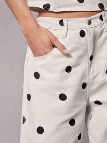 Hauture Women's Polka Dot Pattern Pocket Loose Fit Flared Jeans - White - View 2
