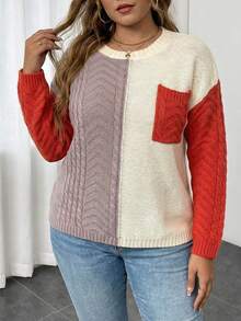 SHEIN LUNE Plus Size Colorblock Crew Neck Long Sleeve Pocket Casual Knit Sweater For Women,Beige,Autumn,Smart Casual,Festa Winter Knitwear Jumper Pullover - Multicolor - View 5