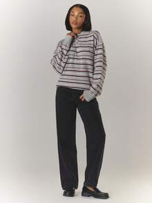 MUSERA 宽松针织条纹翻领纽扣长袖 Polo 衫，春季可爱休闲 Y2K 90 年代条纹周日最佳超大毛衣，机场返校冬季日常晚宴派对优雅春季款 - 灰色 - 查看 2