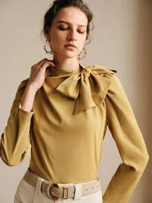 Revavyn 女士纯色优雅百搭系领泡泡袖衬衫 - 芥末黃 - 查看 7