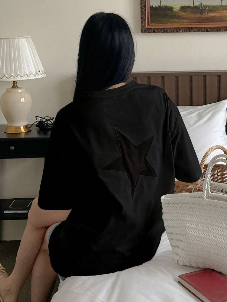 Women's Loose Round Neck Drop Shoulder Short Sleeve Casual T-Shirt, Decorated With Star Pattern, Summer Y2K Plus Size Casual T-Shirt, College Style Top