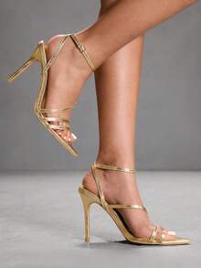 CUCCOO SZL 10cm Pointed Toe Sexy High Heel Sandals With White Rhinestone Criss-Cross Design Valentine's Day - Gold - View 9