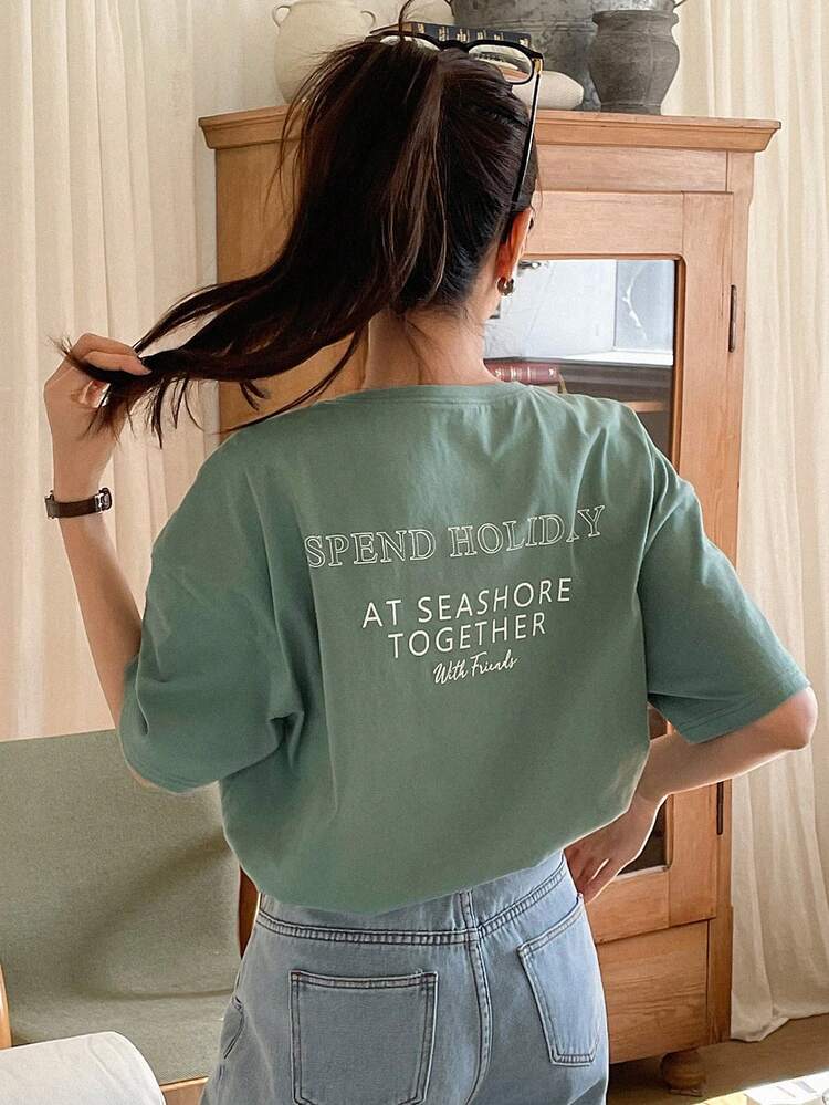 Women's Loose Casual Vacation Letter Print 2 In 1 Round Neck T-Shirt, Spring/Summer